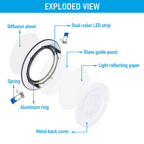 Exploded view of Slim 4 Inch 5CCT Recessed LED Downlight Kit with J Box Canless Aluminum Dimmable from 5 to 100 Percent ETL Listed