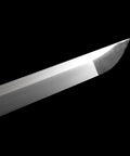 Close-up of Handmade Full Tang Samurai Katana Black Ninjato Ninja Sword Replica Battle Ready Spring Steel Blade tip on black background