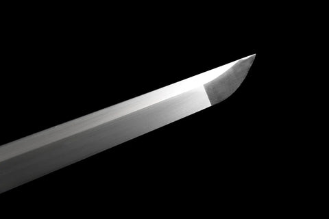 Close-up of Handmade Full Tang Samurai Katana Black Ninjato Ninja Sword Replica Battle Ready Spring Steel Blade tip on black background
