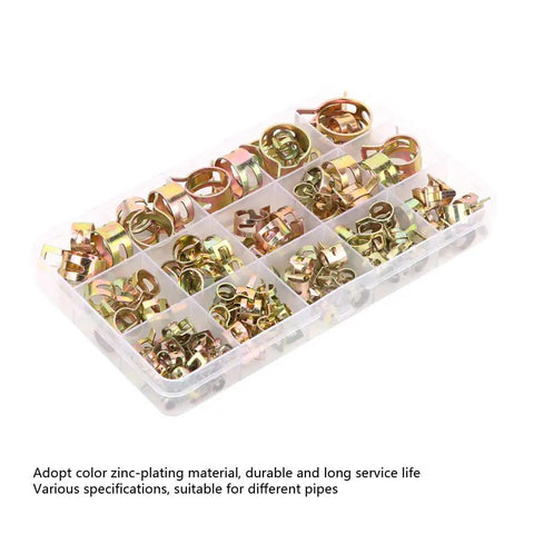 Rock Solid 115 Piece Hose Clamp Assortment Kit With Colored Zinc Plated Spring Clips For Water Tubes Air Pipes And Automotive Plumbing Fasteners That Are Durable Versatile And Perfect For Any Home Repair Job You Might Have. 115-piece zinc-plated spring clips in plastic organizer