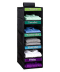 Multipurpose Hanging Closet Rack With Five Built In Dividers Weekly Garment Sorter in black with days labeled for kids rooms.