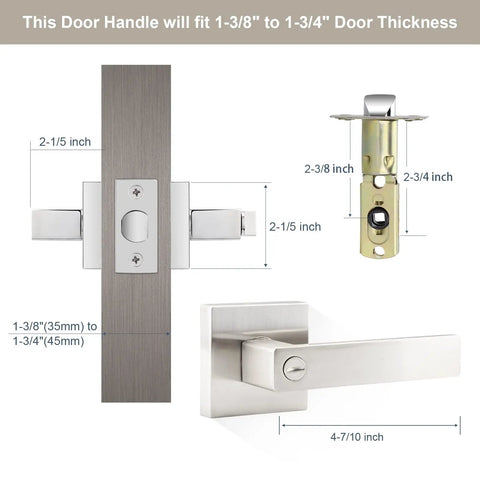 Six Pack Satin Nickel Lever Door Handles Set for Privacy Lock Heavy Duty Interior Door Hardware dimensions