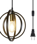 Plug In Industrial Pendant Light With Rotatable Cage, Vintage Farmhouse Style Metal Hanging Fixture in Black and Gold, E26 Base