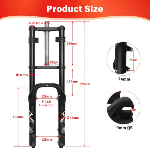 Diagram of Fat Tire Front Fork With Oil Spring Suspension, 180mm Travel, 26x4.0 Fat Bike Fork showing measurements and features