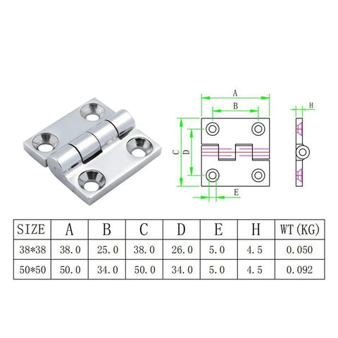 Self Closing Reversible Door Hinge Set 2 Pack Stainless Steel Butt Hinges With Four Holes Mirror Polish Finish Heavy Duty Hardware 50x50mm with diagram