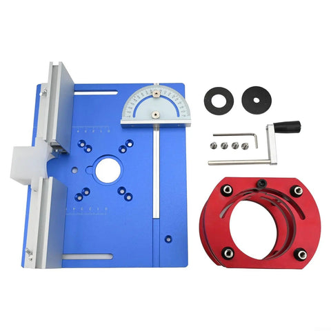 Heavy Duty Aluminum Router Table Insert Plate In Slick Blue Miter Gauge Compatible Upgrade with measuring components and accessories.
