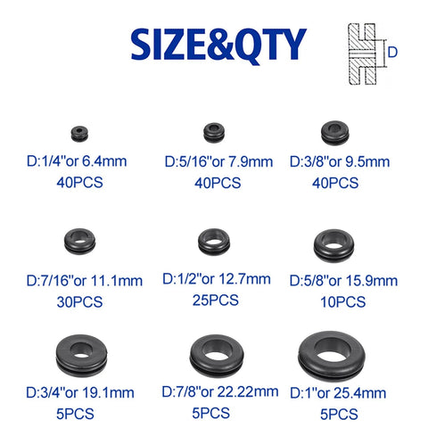 200 Piece Hollow Rubber Grommet Assortment Kit For Firewall Cable Holes 1/4 Inch To 1 Inch Grommets With 40 Pieces Each Size diagram