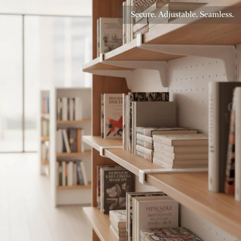 Adjustable metal shelf bracket for retail displays and modular shelving fits standard AA pillar slots holding books in store