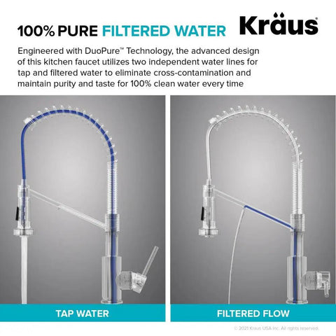 Heavy Duty Stainless Steel Pull Down Kitchen Faucet With Built In Water Filter, demonstrating tap water and filtered flow options.