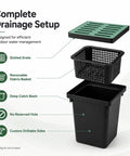 Rugged Heavy Duty Catch Basin With Grate And Debris Basket For Outdoor Drainage System, exploded view with components labeled.