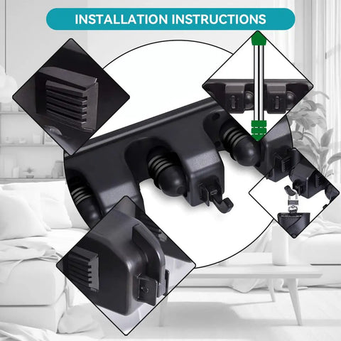Installation details of Heavy Duty Broom Holder Wall Mount Organizer 2 Pack With 5 Adjustable Slots And 6 Foldable Hooks