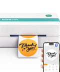 Bluetooth Thermal Shipping Label Printer For 4x6 Labels, Wireless Label Maker For Packages, Compatible With Windows Mac Android iPhone, The Prime Pick For Small Biz Shipping With Fast, Reliable Labeling And Easy Setup. White Bluetooth printer with thank you label and smartphone app.