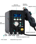 Pro Grade Hot Air Rework Station With LCD Display And Three Channel CH1 CH2 CH3 featuring control knobs and air gun on white background