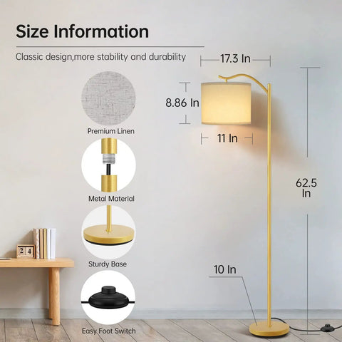 Arched LED Floor Lamp With Linen Shade And Double Layer Lampshade, Tall Modern Standing Light With E26 Socket And Footswitch, size details and features