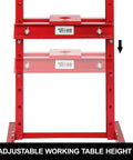 Adjustable working table height of 12 Ton Hydraulic Shop Press With Adjustable H-Frame, Benchtop Table Height, Includes Press Plates, Red Heavy-Duty Garage Press For Auto And Metalworking.