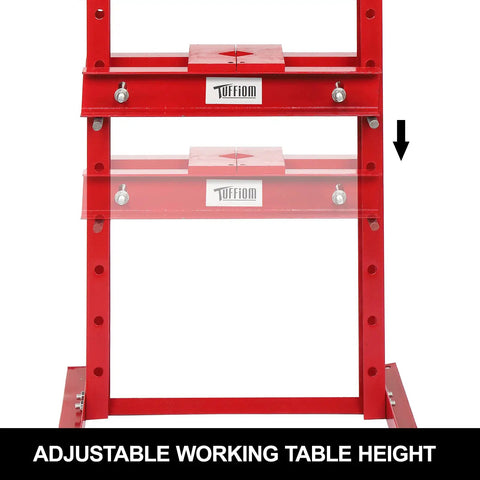 12 Ton Hydraulic Shop Press With H Frame And Adjustable Table Height, shown in red finish with adjustable bench height feature