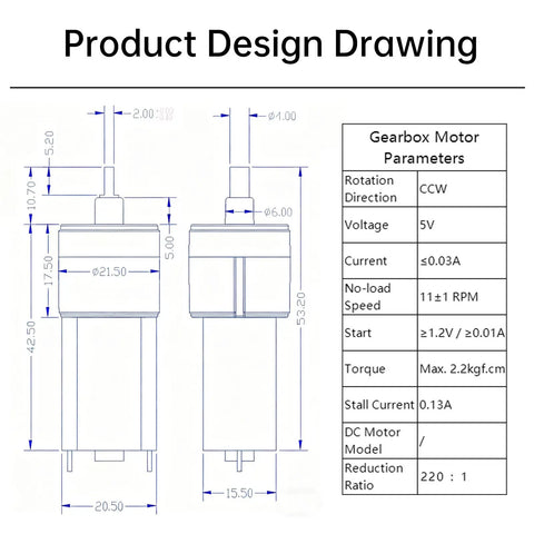 Design diagram of 5V DC Gear Motor With Flat Shaft High Torque 11 RPM Output For Smart Door Lock, Vacuum Cleaner, and Robot Vacuum