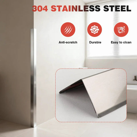 Beater Proof 304 Stainless Steel Wall Corner Guard 2X2X48 Inch Pack Of 10 Heavy Duty Metal Corner Protector With 90 Degree Angle installed in a bathroom.