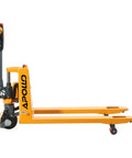 Heavy Duty Pu Drive Wheel Replacement for A-1034 Electric Pallet Jack, yellow pallet jack with polyurethane wheels, side view.