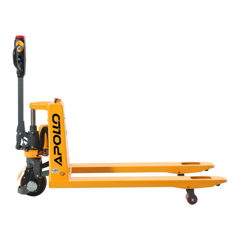 Heavy Duty Pu Drive Wheel Replacement for A-1034 Electric Pallet Jack, yellow pallet jack with polyurethane wheels, side view.