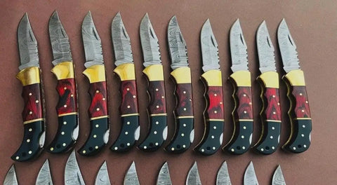 Handmade Folding Knife Set With Wood Handles, Collectible Wholesale Lot Of 20, featuring Damascus style steel blades