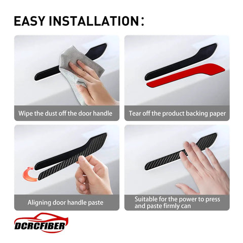 Easy installation guide for Premium Carbon Fiber Exterior Door Handle Protector for Tesla Model 3 and Model Y showing step-by-step process.