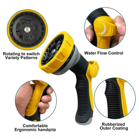 Front view of garden hose nozzle with adjustable spray patterns, yellow and black handle, ergonomic grip and flow control dial.