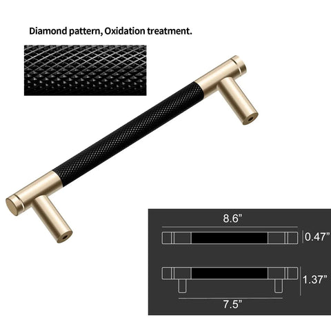 12 Pack Knurled Aluminum Cabinet Handles Pulls Set 7.5 Inch Hole Center 8.6 Inch Overall Length Gold And Black Diamond Pattern Dope Finish Durable Commercial Grade Aluminum Hardware For Kitchen Cabinets