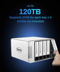 Beast Class Five Bay Diskless External Storage Enclosure With Real Hardware Raid Controls, showcasing five drive bays and 120TB capacity.