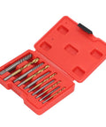 Heavy Duty 10 Piece Screw Extractor Set With Left Hand Drill Bits Perfect For Breaking Loose Stripped Or Broken Screws In Metal And Wood Surfaces Including CR MO Spiral Flute Bits Plus Storage Box For Easy Garage And Shop Jobs. open red case with 10 screw extractors and drill bits
