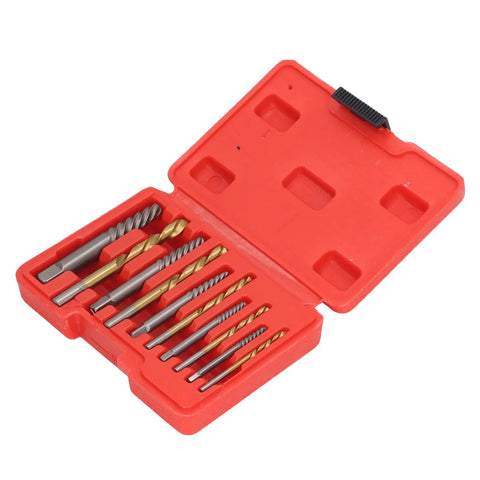 Heavy Duty 10 Piece Screw Extractor Set With Left Hand Drill Bits Perfect For Breaking Loose Stripped Or Broken Screws In Metal And Wood Surfaces Including CR MO Spiral Flute Bits Plus Storage Box For Easy Garage And Shop Jobs. open red case with 10 screw extractors and drill bits