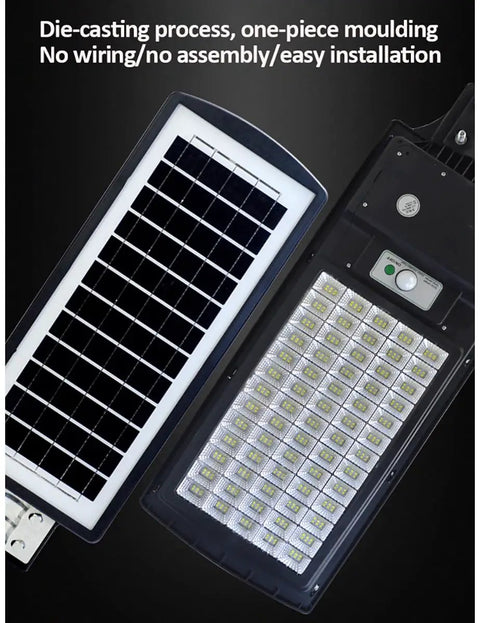 JUDYSSY 150W Solar Street Light showing solar panel and LED array, designed for easy installation and outdoor use.