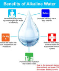 Infographic on benefits of alkaline water with a water drop, highlighting detox, hydration, mineralization, and fatigue reduction.
