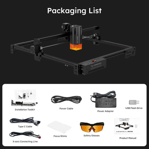 ATOMSTACK 20W A20 PRO V2 laser engraver frame in black; packaging contents shown (8 items)