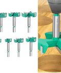 Six green Floweringbeter 3-edged hole opener cutters with hex shanks, shown in front view and drilling into wood.