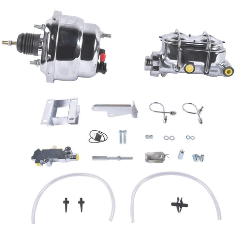 Components of 7 Inch Chrome Brake Booster and Master Cylinder Replacement Kit with Disc Drum Valve for Chevy Bel Air 1955-1957