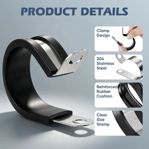 Close-up of 20 Pack One Half Inch And 1 Inch Cable Clamps Kit 304 Stainless Steel Rubber Cushioned Clips with detailed inserts.