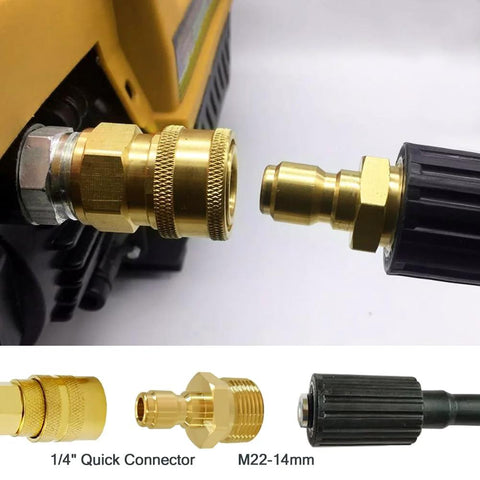 Front view of brass M22-14mm to 1/4-inch quick-connect pressure washer fitting