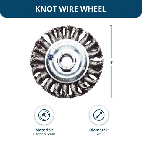4 Inch Twist Knot Wire Wheel for Angle Grinder With 5/8-11 Thread, Pro Grade Deburring and Grinding Attachment for Metal, Concrete and Masonry