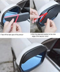 Installation of Universal Fit Side Mirror Rain Guards Eyebrow Visor Shields 2 Pack Easy Peel And Stick ABS Plastic Covers on vehicle mirrors