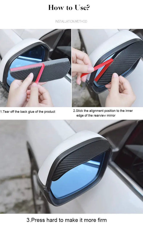 Installation of Universal Fit Side Mirror Rain Guards Eyebrow Visor Shields 2 Pack Easy Peel And Stick ABS Plastic Covers on vehicle mirrors