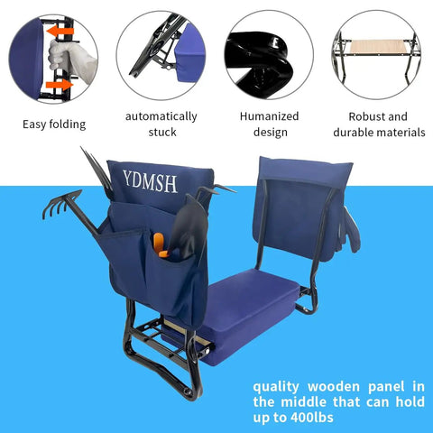 Heavy Duty Garden Kneeler And Seat Extra Wide Bench with foldable design, thick foam cushions, and attached tool pockets