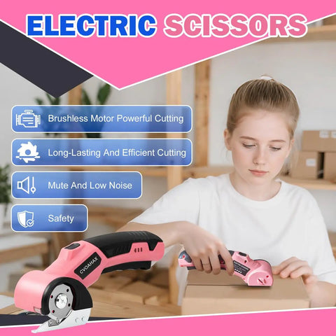 Woman using 4.2V Cordless Electric Box Cutter And Scissors High Powered Battery Powered Rotary Blade Cutting Tool for cardboard.