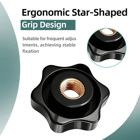 Rock Solid No Sweat 12 Pack Star Knobs M8 Thread Knurled Clamping Nuts Matte Black ergonomic star-shaped grip design.