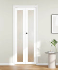 32 Inch Bifold Closet Doors With Full Lite Frosted Glass Panels, hardware kit, preassembled interior closet and pantry door.