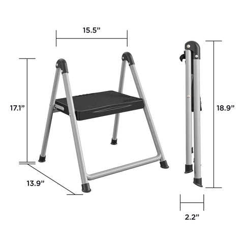 One Step Steel And Resin Go-To Step Stool Without Handle In Platinum And Black unfolded and folded with dimensions displayed