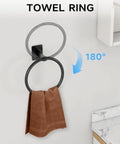 Matte Black 4 Piece Bathroom Hardware Set Including 24 Inch Towel Bar Towel Ring Toilet Paper Holder And Towel Hook Wall Mounted Rustproof Premium Metal, showing towel ring with towel next to marble countertop.