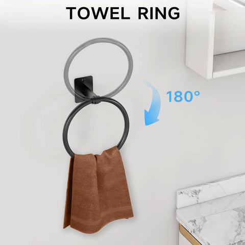 Matte Black 4 Piece Bathroom Hardware Set Including 24 Inch Towel Bar Towel Ring Toilet Paper Holder And Towel Hook Wall Mounted Rustproof Premium Metal, showing towel ring with towel next to marble countertop.