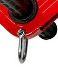 Close-up of red Backyard Zip Line Kit For Kids With Rope Handle And Outdoor Pulley Easy Install Durable Iron Wire Treehouse Ready