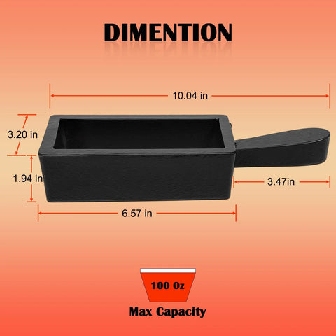 Cast iron ingot mold for 100 oz gold bar, loaf shape with side handle.